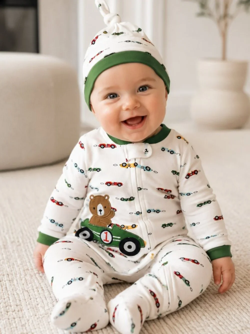NWT Baby Essentials Baby Boy 2 Piece Footed Sleeper Set with Hat Size 3 Months